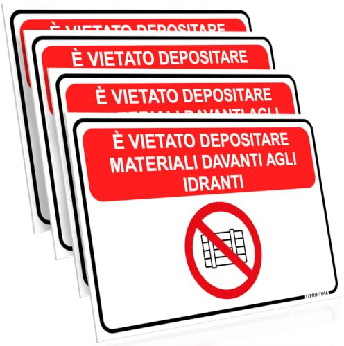 PRINTIMA 32x21 cm set 4 cartelli divieto deposito materiali davanti agli idranti, segnaletica rossa con pittogramma, targhe per interni ed esterni con set di montaggio incluso