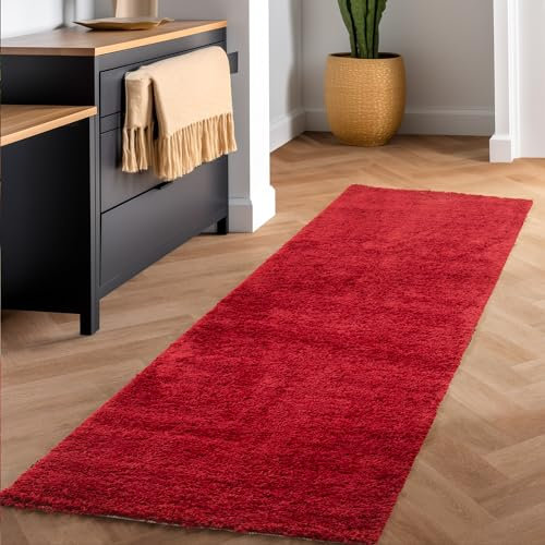 SIMPEX Flauschiger Teppich Wohnzimmer Schlafzimmer Läufer Flur Esszimmer Küchenteppich Hochflor Einfarbig Modernes Design 30 mm Florhöhe Kuschelweich, Rot, 80 x 150 cm