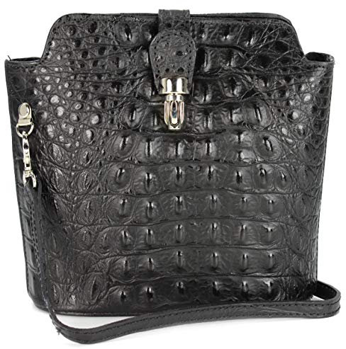 Belli kleine italienische Ledertasche Damen Umhängetasche Handtasche Schultertasche in schwarz kroko - 18x20x8 cm (B x H x T)