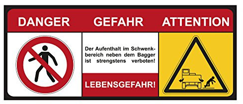 Bagger-Aufkleber Danger Gefahr Attention Lebensgefahr 500 x 200 mm Warnschild Schwenkbereich Bagger