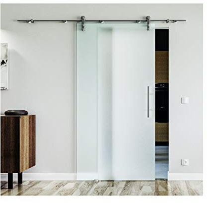 Glasschiebetür inkl. Stangengriff beidseitig - Edelstahlsystem mit offenen Laufrollen in sehr hoher Qualität von LEVIDOR. Vollsatiniert in 1025 x 2050 mm für einen Durchgang von 2 Meter Höhe.