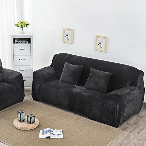 YQ WHJB Anti-rutsch Elastische schutzhülle,Plüsch Stretch sofabezug,Dicker Surefit Stretch Möbel-Protector für 1 2 3 4 Kissen Sofa Hund Ledersofa Schmutzabweisend Couch-abdeckungen-schwarz 4 Sitzer