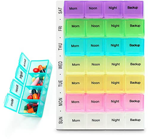 Treat&Ease Weekly Pill Box Organiser 7 Day 4 Times a Day - Daily Medication Storage with Compartments, Colour-Coded Tablet Sections, Travel-Friendly Design, Easy-Open Lids for Elderly Pill Management