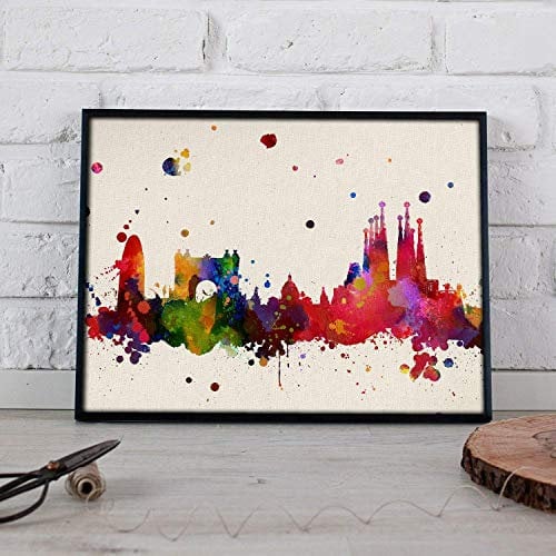 Nacnic Art Print Barcelona. Skyline-Aquarell-Stil und Farb-Explosion. Poster A3 Größe auf Papier auf Papier gedruckt 250 Gramm und Tinten Wohnkultur. Design zum besten Preis. mit schwarzem Rahmen A3