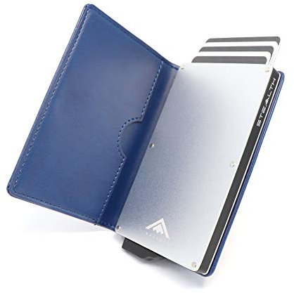 Stealth Wallet Porte Carte Bancaire RFID pour Homme - Porte-Cartes De Crédit avec Mécanisme Pop Up et Boîte Cadeau - Portefeuilles de Crédit Aluminium Minces (Aluminium Argent, Cuir Bleu)