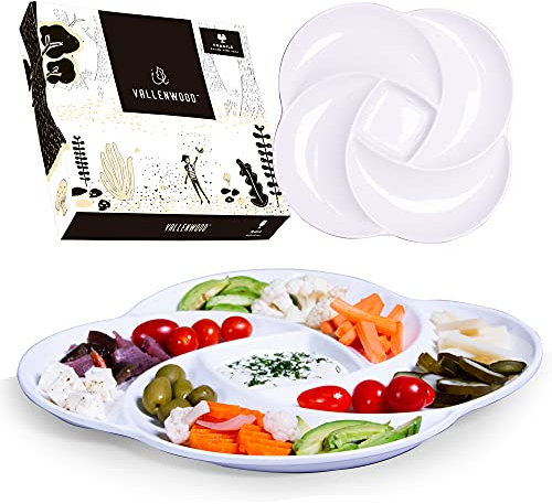 VALLENWOOD Reusable White Serving Platters Tray for Partys. Unbreakable Melamine. Appetizer Sectioned Platter. Vegetables, Fruits, Foods, Snack with compartments. Chip and Dip Serving Dish (123-X2)