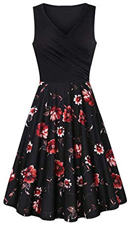 YMING Women Sleeveless Dress Elegant Floral Print Dress Midi Dress Sexy Cocktail Dress V-Neck Party Dress Audrey Black Rose L