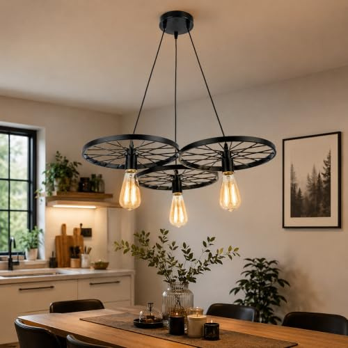 LEDSone Kronleuchter im Vintage-Stil, 3 Lichter, schwarz, Deckenleuchte, Spinnenlampe, industrielle Pendelleuchte, Käfig-Radlampe (Schwarz)