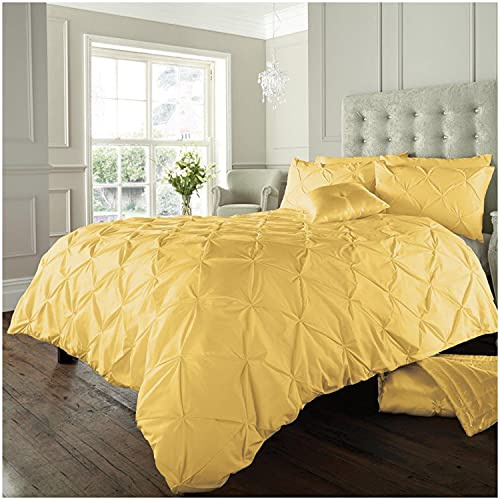 GC GAVENO CAVAILIA Pinch Pleat Duvet Cover Sets, Pintuck Bedding Set With Matching Pillowcases, Super King Bed Set Ochre