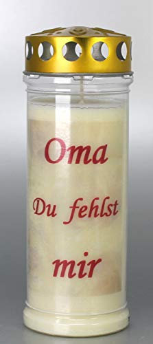 Grabkerze Oma Du fehlst mir, (21x7,5 cm) Grablicht mit 7 Tage Brenndauer (3915), Wetterfestes Trauerlicht mit Deckel, Hochwertige Trauerkerze, Edle Gedenkkerze aus Deutschland