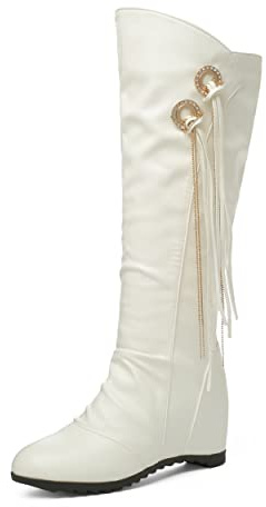 Tacco con punta rotonda sintetica alla moda, con tacco medio da 6 cm, facile da camminare, stivali alti da donna, tx2-152, bianco, 42 EU