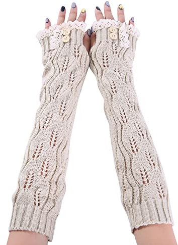 MoreChioce Fingerlose Handschuhe für Frauen, Gestrickte Lange Armstulpen Handschuhe Winterwärmer Handgelenk Fingerlose Handschuhe Pulswärmer mit Spitzenknopf Daumenloch,Beige