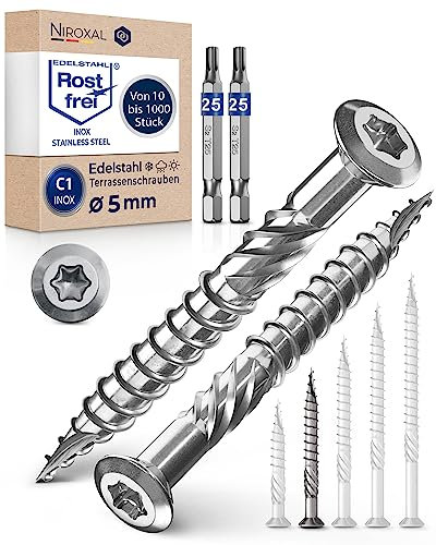 Vis de terrasse 5x50 acier inoxydable C1 Vis Torx 5mm d'épaisseur 1000 vis à bois Torx 50mm de long vis en acier inoxydable durci y compris 2x embouts Torx