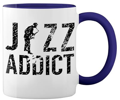 jazz addict saxophone Weiße Tasse Mug mit blauem Felgen und Griff