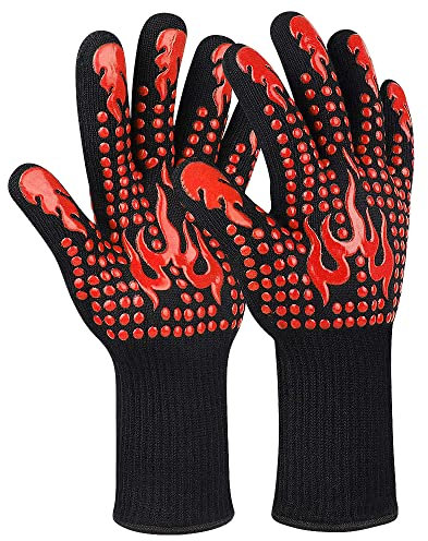 Ribetween BBQ Heat Gloves, Grillhandschuhe Heat Resistant Ofenhandschuhe, 800 °C Extreme Silikon Rutschfeste Kochhandschuhe BBQ Küche zum Kochen, Grill, Braten, Backen, 1 Paar (Rot)