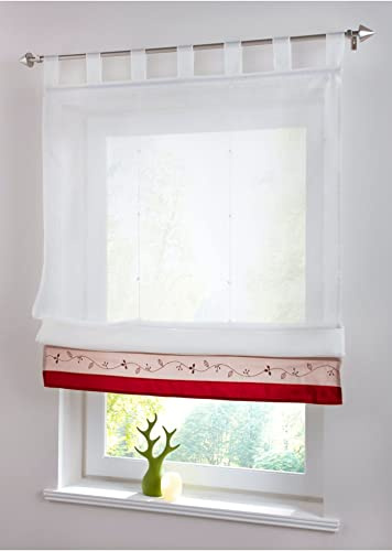 Devola Voile Raffrollo transparent Raffgardinen mit Schlaufen Blumenmuster Stickerei Fenstergardinen Faltvorhang Modern Rollo Küchengardine Tür Vorhänge BxH 100x155cm Rot 1er Pack