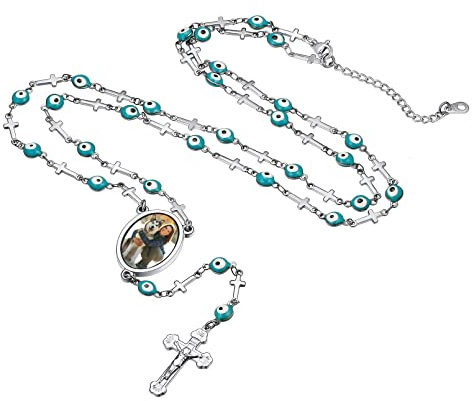 Custom4U Gottes Auge Rosenkranz Halskette mit Text/Name/Wunsch/Foto Gravur 316L Edelstahl Kruzifix Damen Auto Rosenkranz Halskette mit Jesus Kreuz in Silber Länge 69cm+12cm