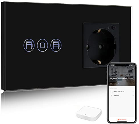 BSEED Smart ZigBee Rollladenschalter mit Steckdose, Alexa ZigBee Steckdose mit Verbrauchsmessung, Kompatibel mit Alexa und Google Home, 1 Weg Touch Schalter Schwarz (Tuya ZigBee Hub erforderlich)