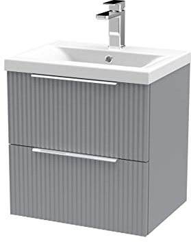Hudson Reed DFF292A Fluted Modern Bathroom Wall Hung 2 Drawer Vanity Basin Unit with Mid-Edge Ceramic Basin, 500mm, Satin Grey