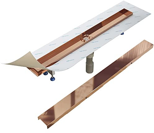 Aquabad PVD beschichtete Edelstahl Duschrinne in Roségold 70 cm, inkl. Domoplex Siphon und Blende, Abgang senkrecht Mitte