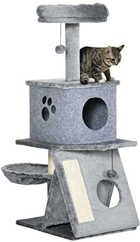 PawHut Árbol Rascador para Gatos Altura 111 cm Torre para Gatos con Cama Cueva Hamaca Bola Colgante Postes y Rampa de Sisal 50x40x111 cm Gris