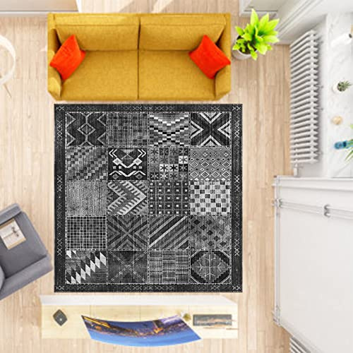 Rururug Teppich,Grey, Square 110 x 110 cm, Vintage Musters Patchwork Designs, Teppich Quadratisch Wohnzimmer Schlafzimmer Waschbar Teppiche Anti-Rutsch Unterseite Sofa,