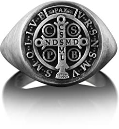 Bysilverstone Jewelry Silberring Für Herren – Siegelring Mit St.-Benedikt-Medaille Für Herren, Außergewöhnlicher Kreuzring Im Christentum, Religiöser Ring Für Den Kleinen Finger Für Herren, Oxidierter