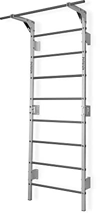Potenza Sprossenwand mit Klimmzugstange Pull Up Bar Turngeräte Fitness Turnwand Klettergerüst bis 250kg Kletterwand Gym Sportgerät für Erwachsene Heim Turnhalle (Weiß-Grau - mit Klimmzugstange)