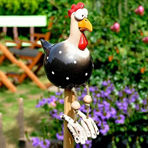 OKESYO Keramik Huhn Gartendeko Harz Gartenstecker Tierfigur Huhn Gartenstecker Handarbeit Keramikfigur Gartendeko Terrasse Wetterfest Huhn Gartenstecker Figur, Schwarz