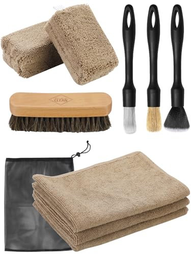 Fantasticlean 9 PCS Kit de Nettoyage Interieur de Voiture, Chiffon Microfibre et Éponge, Pinceau Detailing, Brosse en CRIN de Cheval Naturel, pour Sièges, Cuir, Détail Intérieur-Noir