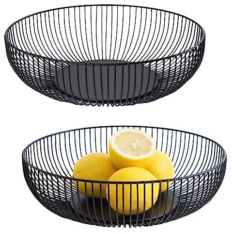 RZMZBY 2 Obstschale Schwarz Matt, Metall, Rund, Modern, Seicht Obstkorb aus Eisen Abgerundetes-Design Durchbrochener Aufbewahrung für Gemüse Obst Brot(28cm * 8cm)