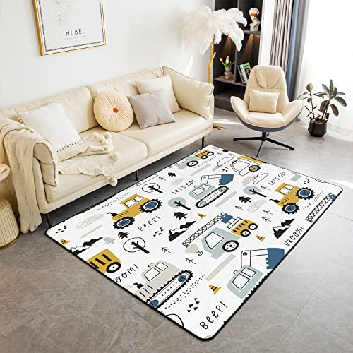 Loussiesd Baubereich Teppich - Cartoon Ausrüstung LKW Dekorative Indoor Bodenmatte, Auto Bagger Traktor Fahrzeuge Weiß 150x200cm Wetterfest rutschfest