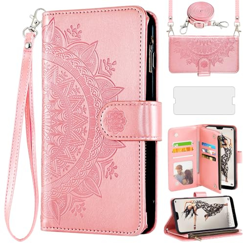 Asuwish Coque pour Huawei P20 Pro Portefeuille avec Verre Trempé et Cordon Porte Carte Chaine PU Cuir à Clapet Mandala Housse Support Hawaii P 20 20Pro CLT-L29 CLT-L09 Téléphone Case Femme Rosegold