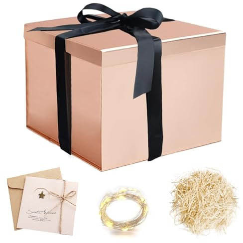 Geschenkbox mit Deckel,Geschenkbox mit Schleifen,Faltbare Geschenkbox,Dekorative Box,Geschenkbox Set,LED-Lichterkette,Raffia Hamper Shreds,Geschenk Verpackungsbox für Hochzeit Geburtstag