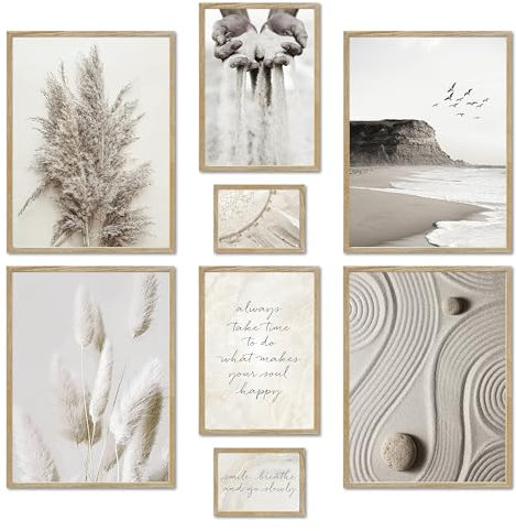 ARTFAVES® Poster Set - BEIGE DREAMS - mehrteilige Wanddeko Wohnzimmer & Schlafzimmer - 8 moderne Wandbilder Pampasgras, Meer, Strand, Achtsamkeit, Yoga - mit Rahmen Eiche
