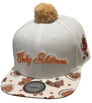 Outfitfabrik LIMITIERTES Snapback Cap „Holy Shitmas in weiß mit rosafarbener Bommel, Schirm mit Lebkuchen-Motiv, 3D-Stick, Unisex, verstellbar