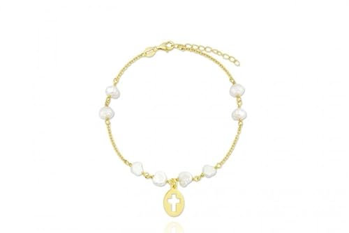 Turmalina – Pulsera para niña de plata dorada Primera Comunión con colgante de cruz y perlas. Pulsera con cadena de eslabones con largo de 14 cm más 3 de extensor.