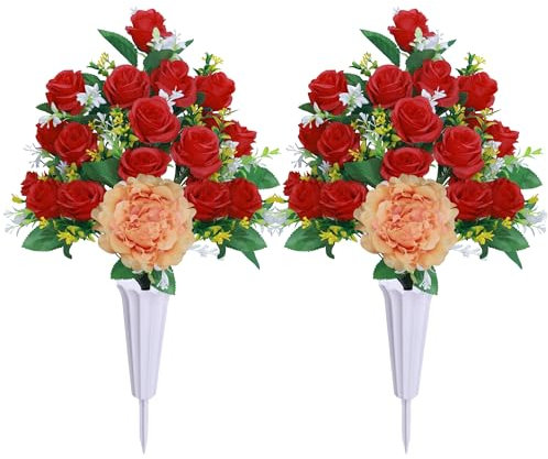 Lodou Künstliche Friedhofsblumensättel für Gräber, Grabstein-Dekorationen, künstlicher Rosenstrauß, Grabschmuck, Gedenkblumen für Grabdekorationen (rote Rose, 2 Blumensträuße)