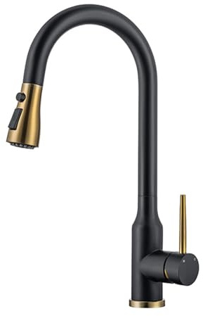 Mitigeur Cuisine avec Douchette Extractible Acier Inoxydable Eau Froide et Chaude Double Mode Pivotant 360° Robinet de Cuisine-Noir + Or