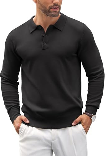 COOFANDY Mens Polo Jumper Long Sleeve Poloshirts Knitted Sweater Basic Sweatshirts Solid Color Pullover Black M