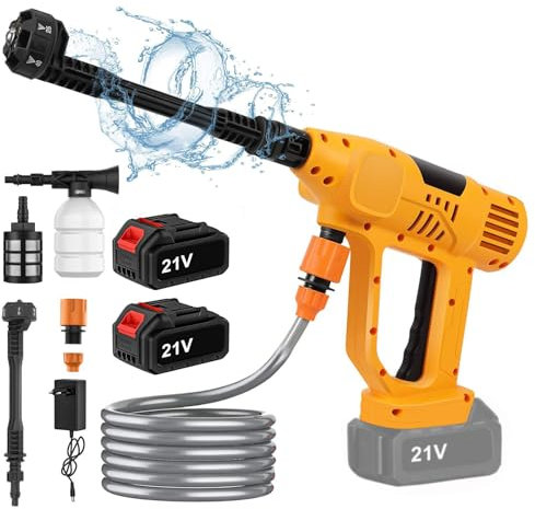 Akku Hochdruckreiniger, 21 V 65 Bar Mobiler Akku Hochdruckreiniger, Mit 2×6000mAh Akku, LED Bildschirmanzeige für Batteriestand, 6 in 1 Düsen, 5M Schlauch, Passend für Autos, Garten, Terrasse, Fenster