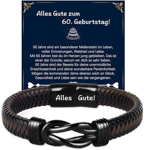 Merclix 60. Geburtstag Mann Lederarmband Herren Geschenk - Schwarz und Braun - Schiebeverschluss - Sport, Liebe - Fashion Jewelry - Minimal - 1 Stück