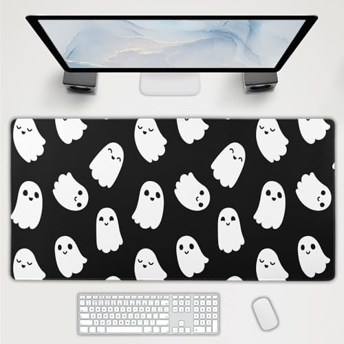 Tapis de souris d'Halloween fantôme mignon étendu Kawaii dessin animé effrayant esprit drôle, base en caoutchouc antidérapant, bords cousus Grand tapis de souris XXL noir et blanc pour bureau, jeux
