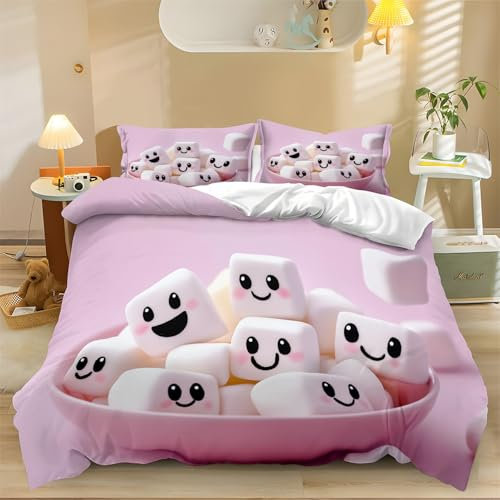 Bettbezug 135 x 200 cm Nettes lächelndes Gesicht Marshmallow Personalisiert Bettwäsche Rosa Bedrucktes Erwachsene Dekoration Bettwäsche Set passend für Vier Jahreszeiten mit 2 Kissenbezug 80X80cm