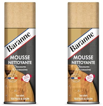 Baranne Mousse Nettoyante Aérosol | Tous coloris, textiles & daims | Chaussures, sacs, vêtements ou objets de maroquinerie en daim, nubuck et cuir velours véritables | 200ML (Lot de 2)