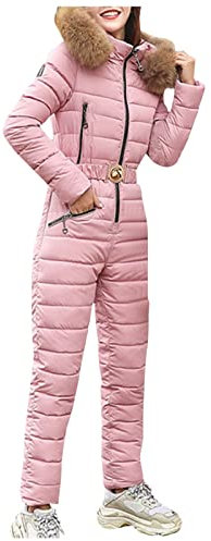 Skianzug für Damen, einteilig: Schneeanzug für Damen, Outdoor-Sport-Hose, Ski-Anzug, winddicht, Ski-Overall, Ski-Anzug mit Kapuze, Daunenmantel, Winter, warmer Skianzug, rose, M