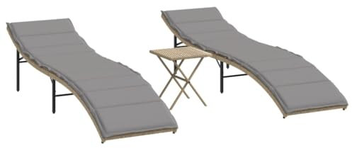 HETFTJN Deckchair Strandliegestuhl Gartenstühle Camping Stuhl - Sonnenliegen 2 STK. mit Tisch Beige Poly Rattan für Balkon Garten Outdoor Camping