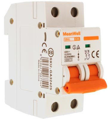 MeanWell Interruttore Magnetotermico Curva C 6000A, MCB 2P C25 25A 220V, 2 Poli Occupa 2 Moduli Barra DIN