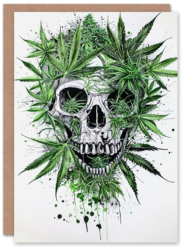 Artery8 Hemp Leaves Growing on Skull Skeleton Ink Design Blank For Him Or Her Art Birthday Card