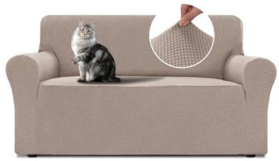 BellaHills Stretch Sofabezug 2 Sitzer (135-165cm), Sofaschoner rutschfest Mit Armlehne, Waschbare Couch Überzug, Decke Sofa Schutz Für Haustiere, Sand